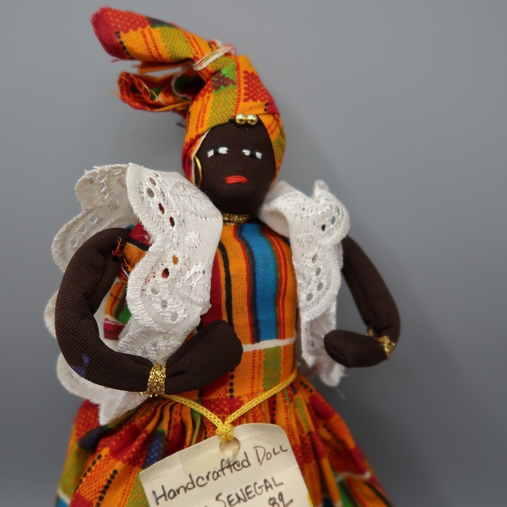 12" African Senegal Cloth Doll hand crafted wire stand Dark Skin
